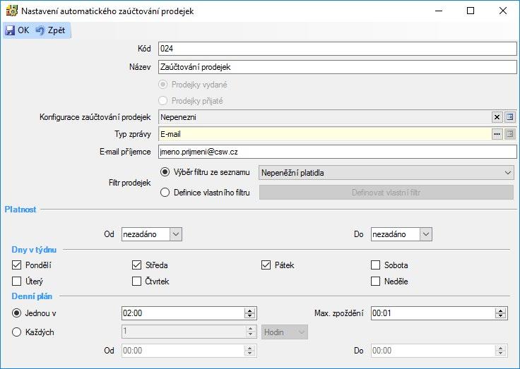 dll Plugin Zaúčtování prodejek Nastavení na kartě zvolíte, zda se mají účtovat prodejky přijaté či vydané, filtrem omezíte okruh dokladů a nastavíte časový plán a konfiguraci odesílání informačních