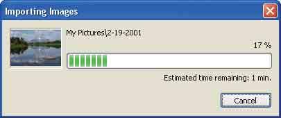 Zobrazí se miniatury importovaných snímků. Používáte-li slot Memory Stick, přečtěte si nejdřív pokyny na str. 71. Zobrazí-li se v systému Windows XP okno průvodce automatického přehrání, zavřete je.