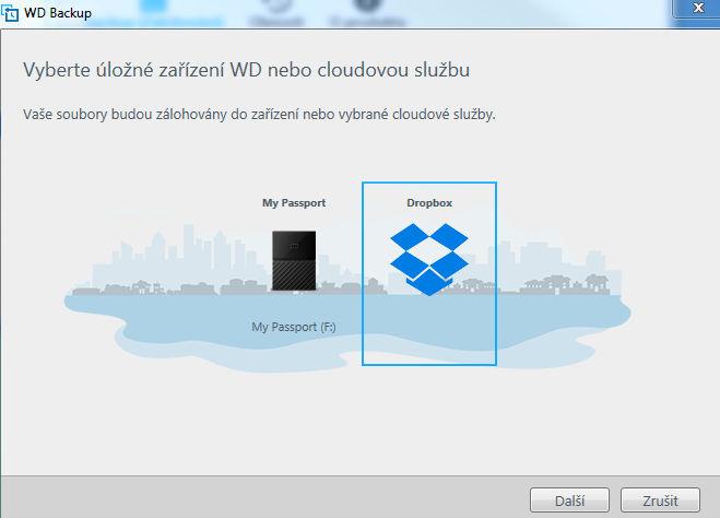 Otevřete dialogové okno Vyberte úložné zařízení WD nebo cloudovou službu kliknutím na možnost: Přidat plán zálohování na obrazovce WD Backup: Konfigurovat zálohu v nabídce zobrazení WD