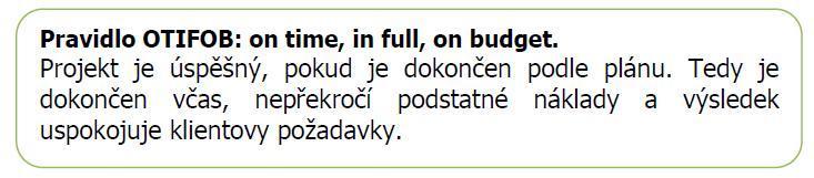 Trojimperativ projektu Termín pro popis 3 klíčových cílů, kterých musí být současně dosaženo CO má být vytvořeno KDY to má být vytvořeno ZA KOLIK to má být vytvořeno Definice úspěšného projektu -