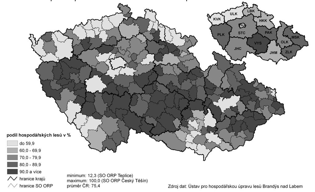 také habr (SO ORP Černošice, Beroun) a jasan (SO ORP Neratovice a Poděbrady). Další zastoupení mezi listnatými druhy, ale již v menší míře, mají také olše, lípa a akát.