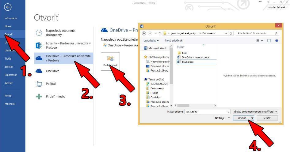 - Po korektnom prihlásení vidíme meno s e-mailom pod Kontom. - Pre otvorenie dokumentov z OneDrive klikneme v Microsoft Word na Súbor Otvoriť (1.) OneDrive Prešovská univerzita (2.) Prehľadať (3.