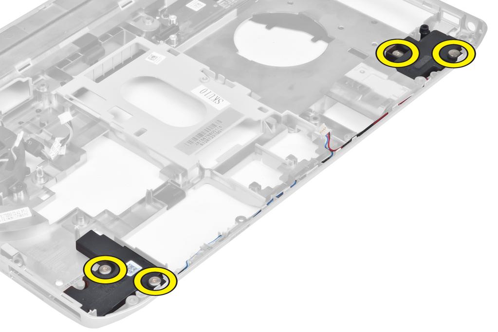 3. Vyjměte čtyři šrouby a uvolněte reproduktory. 4. Vyjměte kabely reproduktorů z vedení kabelů. 5. Vyjměte reproduktor z počítače. Montáž reproduktorů 1.