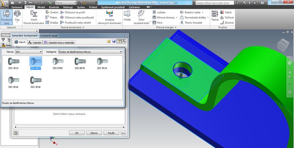 Obsahové centrum Dále umístíme do děr šroubový spoj. Pro tento účel použijeme Generátor komponent-šroubové spoje, který je umístěn na kartě Návrh a pod příkazem Šroubový spoj.