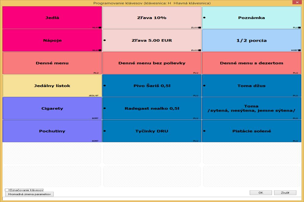 23 Programovanie klávesov: Klávesy Nápoje a Jedlá sa odkazujú na iné klávesnice a predstavujú konštantné