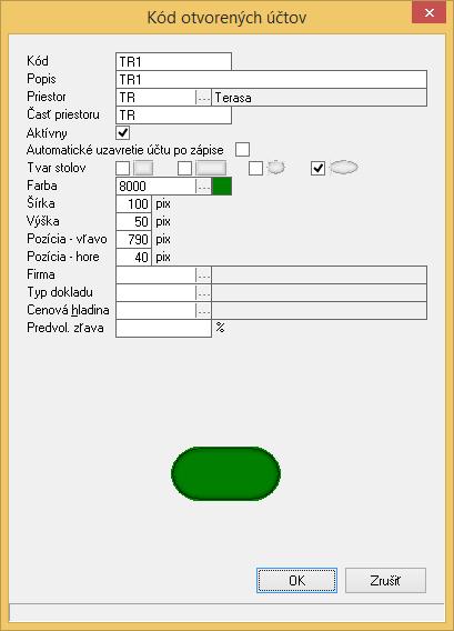 Kódy otvorených účtov sa definujú v programe cez menu Číselníky Sklad Otvorené účty, dotykové obrazovky Kódy otvorených účtov (stolov).