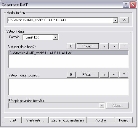 Václav MONHART 33 Obr. 2 Natavení generace DMT Do příslušných oken se nastaví adresářové umístění a jméno vytvářeného modelu terénu. Formát vstupních dat byl zvolen.