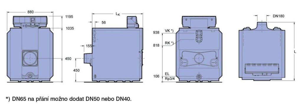 Rozměry Logano GE315 105 kw 140 kw 170 kw 200 kw 230 kw Délka L mm 1125 1285 1445 1605 1785 L K mm 970 1130 1290 1450 1610 Šířka montážního otvoru mm 712 712 712 712 712 Spalovací prostor Délka mm