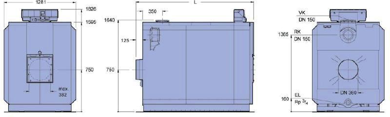 Rozměry Logano GE615 570 kw 660 kw 740 kw 820 kw 920 kw 1020 kw 1110 kw 1200 kw Délka L G mm 1926 2096 2266 2436 2606 2776 2946 3116 L K mm 1804 1974 2144 2314 2484 2654 2824 2994 Délka/Šířka