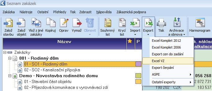 Export sestav V programu KROS plus se používá nejčastěji export dokumentů do formátů MS Excel XLS a PDF. Zakázky do XLS lze exportovat funkcí v Seznamu zakázek.