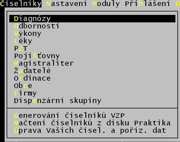 a) Definice číselníků Nacházíte se v základním menu programu s osmi okénky. Po stisku klávesy Alt se kurzor přesune do Roletového menu. Šipkami najeďte na položku Číselníky.