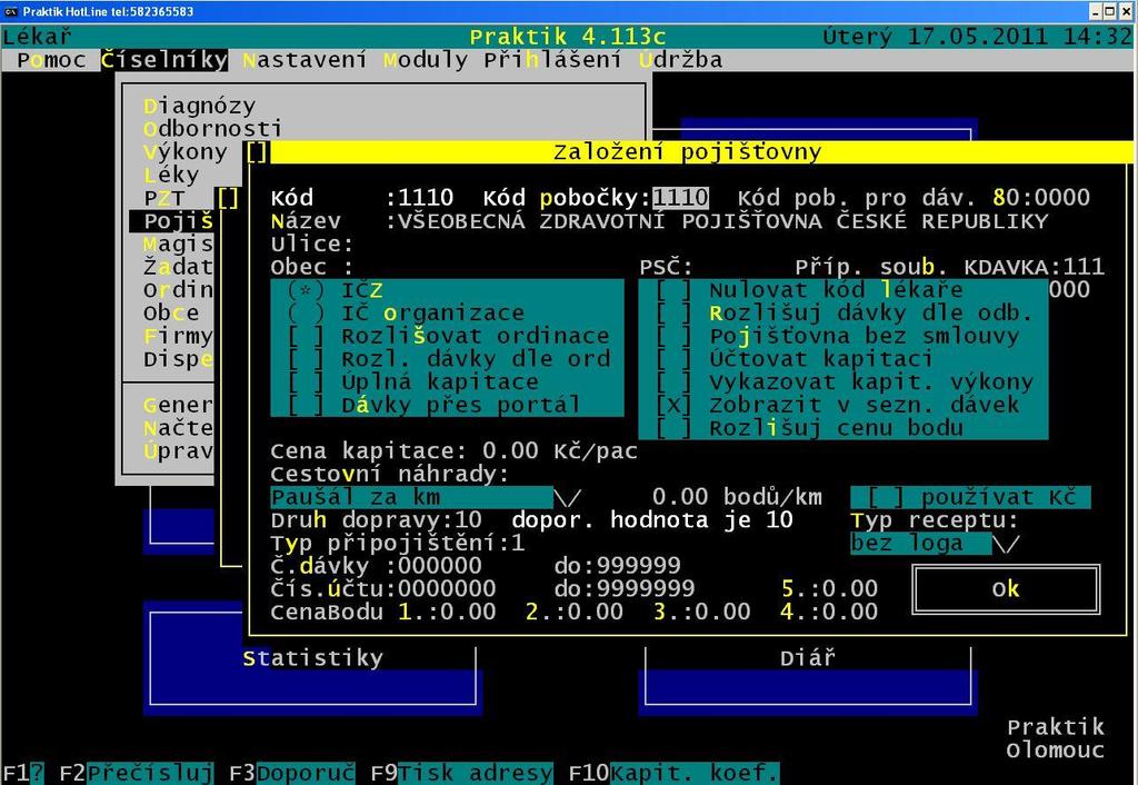Po stisku klávesy Enter se otevře lokální číselník pojišťoven, kde je potřeba nadefinovat ty pojišťovny, jejichž pacienty ošetřujete. Klávesou Ins se dostanete do číselníku všech pojišťoven.