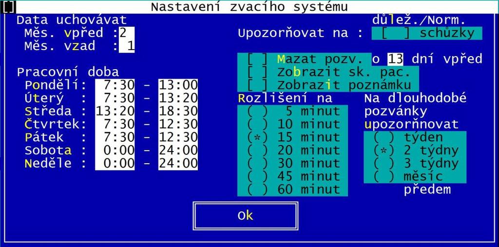 Nastavení Zvacího systému: Měsíc vpřed (vzad) nastavuje rozsah (počet) sledovaných měsíců vpřed (vzad). Rozlišení na nastavuje časový interval mezi nejbližšími schůzkami.