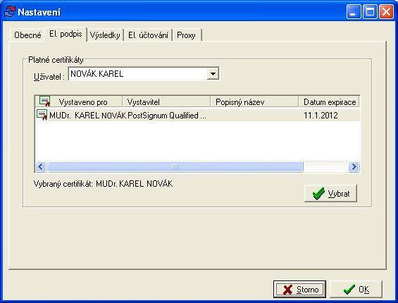 Certifikát vyberete tak, že v seznamu certifikátů kliknutím označíte a potom tlačítkem Vybrat potvrdíte vybraný certifikát. Na závěr je třeba nastavení uložit pomocí OK.