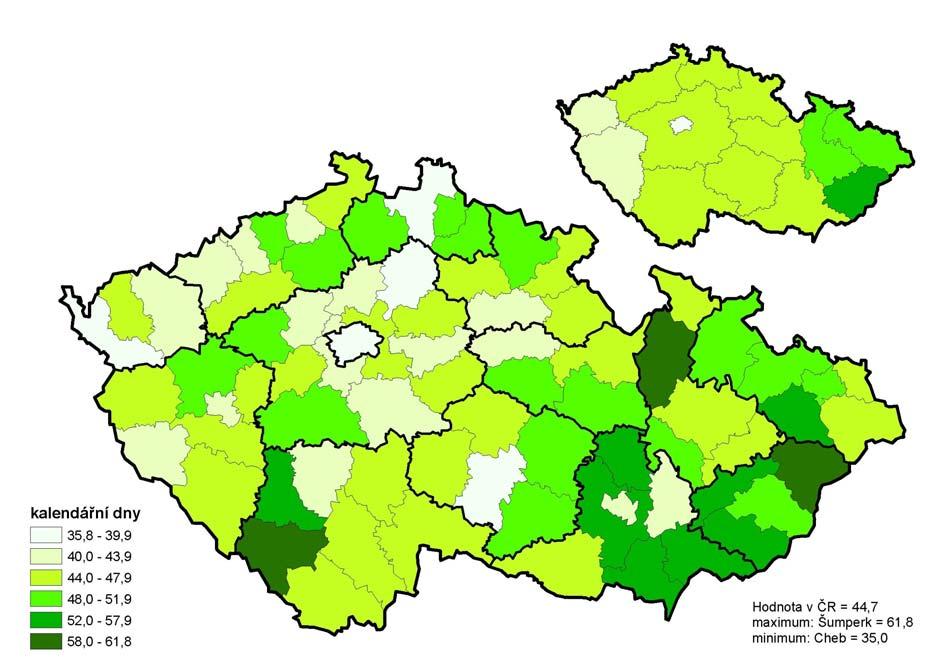 Mapa 1: Průměrné procento pracovní neschopnosti celkem v roce 2010 Mapa 2: