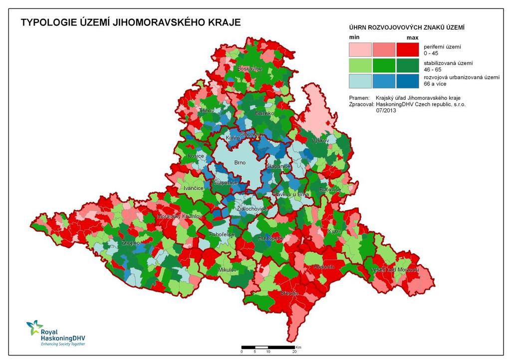 Obce v periferních územích vykazují dlouhodobě nižší hodnoty ukazatelů, než jsou typické pro Jihomoravský kraj.