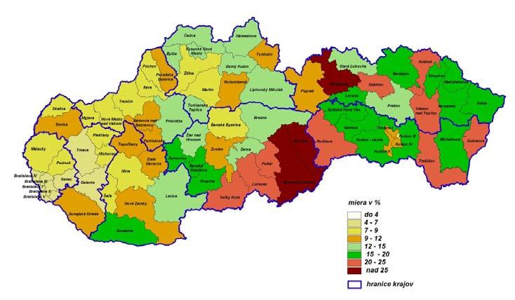 Obr. 1 Miera evidovanej nezamestnanosti v okresoch SR k 31.12.