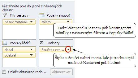 Popisky sloupců jakmile přesuneme některé z polí filtru či popisku řádků do této oblasti, celá tabulka změní svůj tvar, pole automaticky mění svou pozici a data se na nastavených pozicích zobrazují.