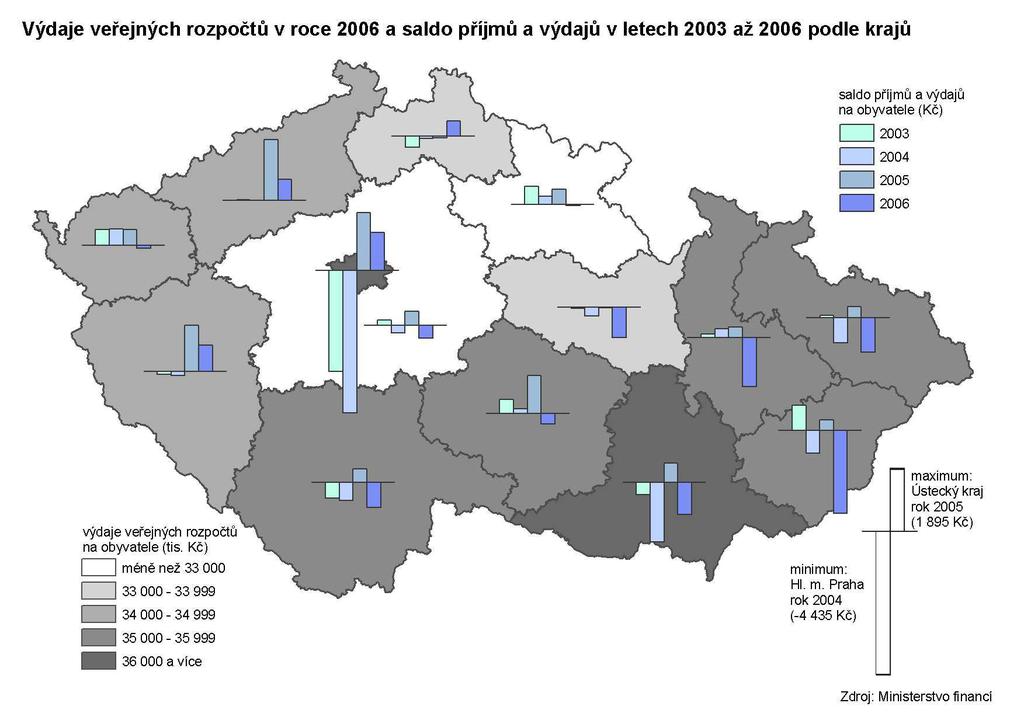 K 3 Výdaje veřejných rozpočtů v roce 2006 a saldo příjmů a výdajů v letech 2003 až 2006 podle krajů K 4