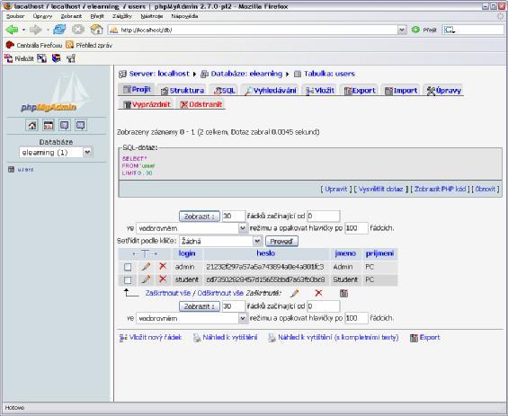 Obr. 30. phpmyadmin Jak tento nástroj nainstalovat si popíšeme později v kapitole 6.3.7. Při běhu aplikace je potřeba se připojovat k MySQL databázi.