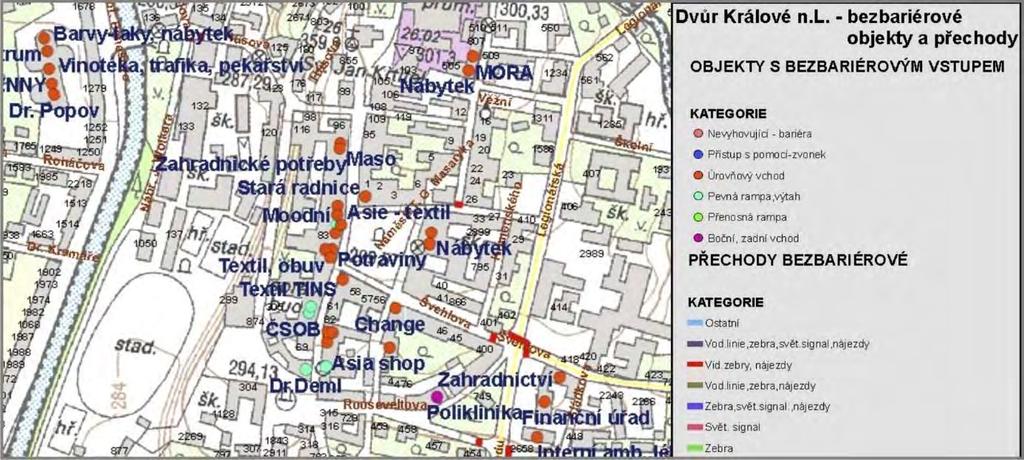 Mapování architektonických a orientačních bariér v Královéhradeckém kraji první využití GIS (2006) Výřez mapy bariér