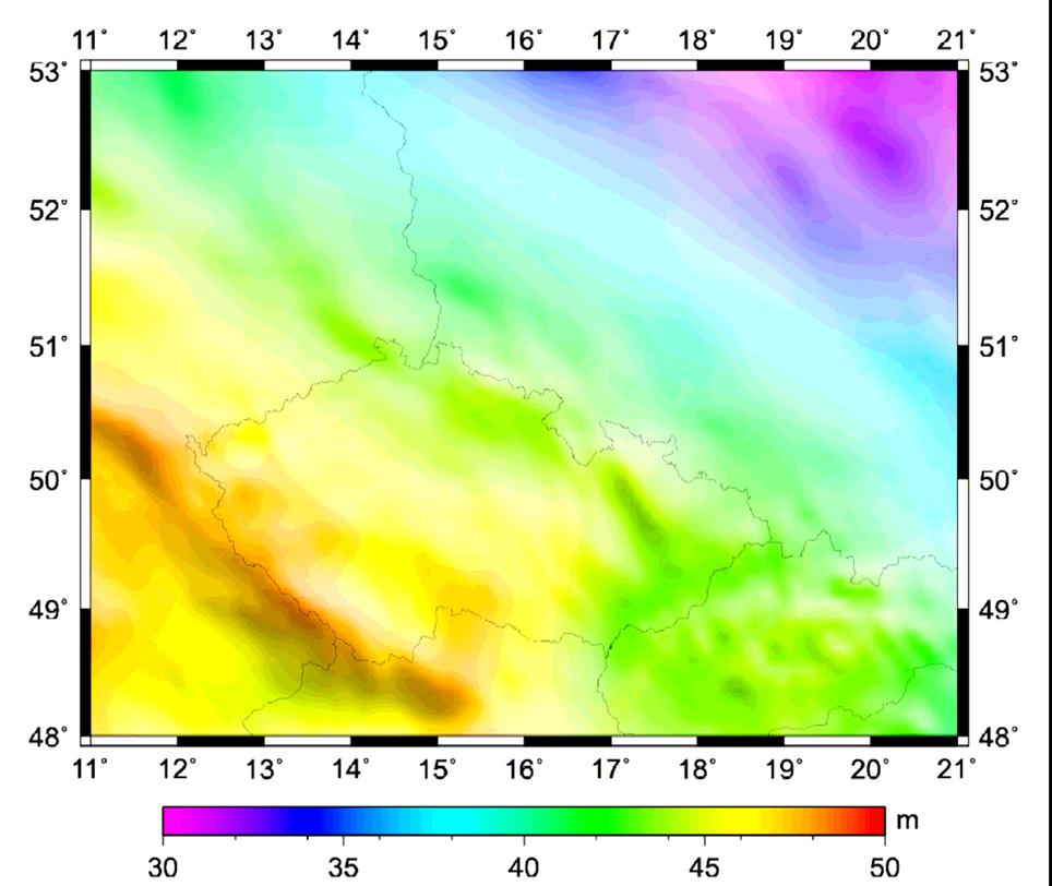 T ( r,, ) GM r N max n 2 n a r T (, ) kde r,, jsou sférické souřadnice (odpovídající bodu o geodetických souřadnicích,, h), a je velikost hlavní poloosy použitého elipsoidu a GM je gravitační