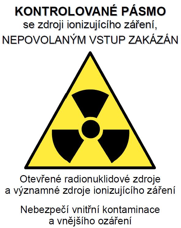 Kontrolované pásmo KP musí být na vchodu nebo ohraničení označeno: znakem radiačního nebezpečí upozorněním Kontrolované pásmo