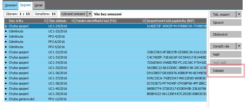 29 Omezení za neodeslanou tržbu Označit všechny záznamy na záložce Seznam a poté pomocí tlačítka Odeslat odeslat tržbu do EET. Obr.
