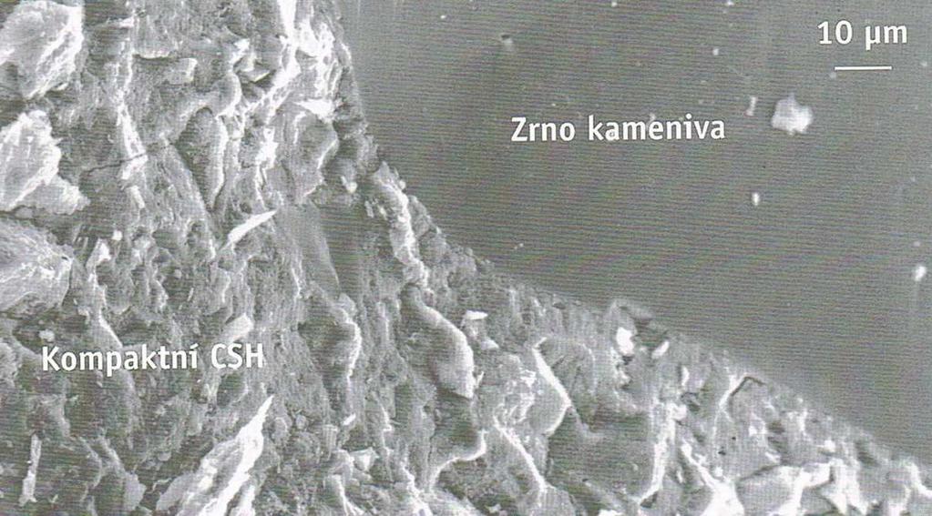 Obrázek 3. Kompaktní CSH gel v betonu s křemičitými úlety. Lze vidět absenci zóny rozhraní mezi zatvrdlou cementovou pastou a zrnem kameniva [2].