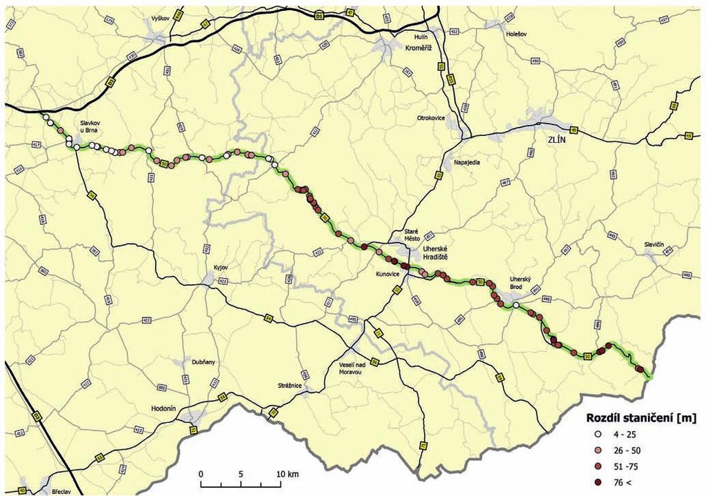 dosáhnout desítek i stovek metrů, což ukazuje obrázek 6, na kterém se absolutní chyba rozdílného staničení silnice I/50 zvyšuje od Slavkova u Brna směrem ke státní hranici se Slovenskem.