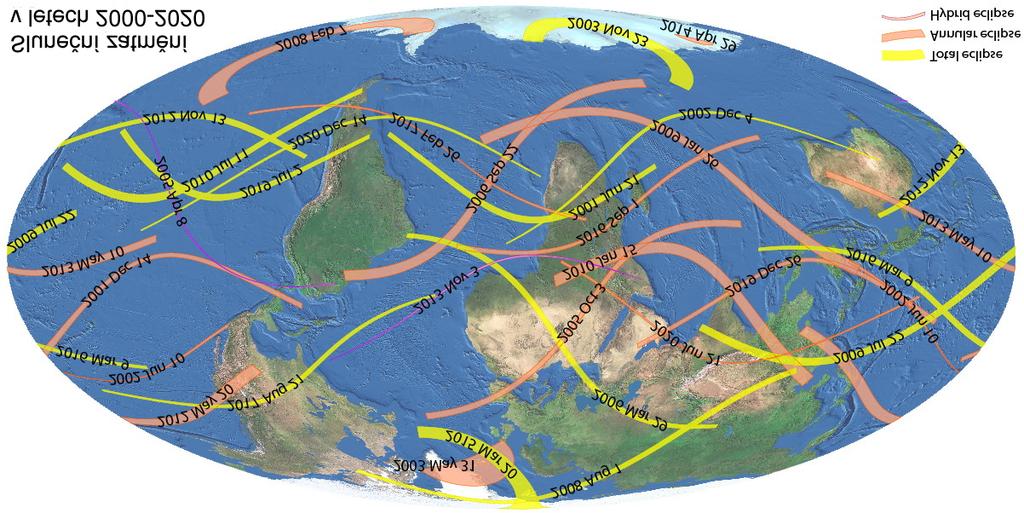 3.4 Ptolemaiova soustava Obrázek 33: Místa slunečních zatmění pro roky 2000 2020 (podle [E42]). 3.4 Ptolemaiova soustava Při pozorování ze Země není jasné, zda se těleso a s ním i pozorovatel hýbe, a to si uvědomovali i naši předkové.