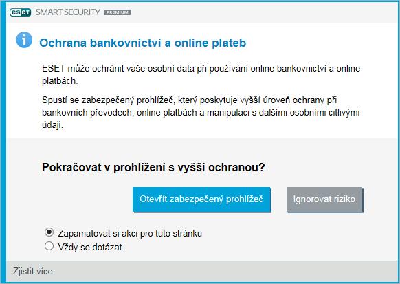 6.3.7 Ochrana bankovnictví a online plateb Ochrana bankovnictví a online plateb přidává další ochrannou vrstvu do internetového prohlížeče.