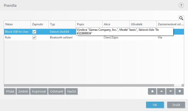 4.1.3.1 Pravidla správy zařízení Editor pravidel správy zařízení zobrazuje seznam všech existujících pravidel, které umožňují detailní kontrolu nad zařízeními připojovanými k počítači.