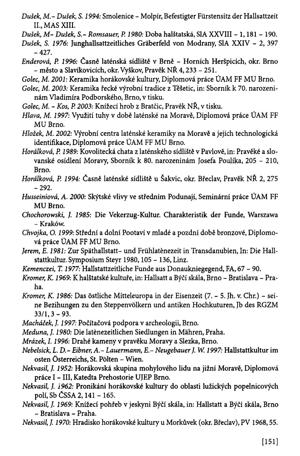 Dušek, M.- Dušek, S. 1994: Smolenice - Molpír, Befestigter Fiirstensitz der Hallsattzeit II., MAS XIII. Dušek, M- Dušek, S.- Romsauer, P. 1980: Doba halštatská, S1A XXVIII - 1,181-190. Dušek, S. 1976: Junghallsattzeitlicb.