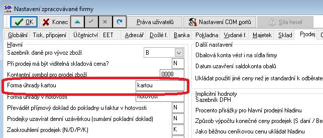 POZOR na to, aby standardní symboly byly nastaveny na A. Toto vypnutí je opravdu možné jen v případě, že skutečně EET bylo odesíláno na jiném zařízení nebo daný typ prodeje nemá vstupovat do EET.