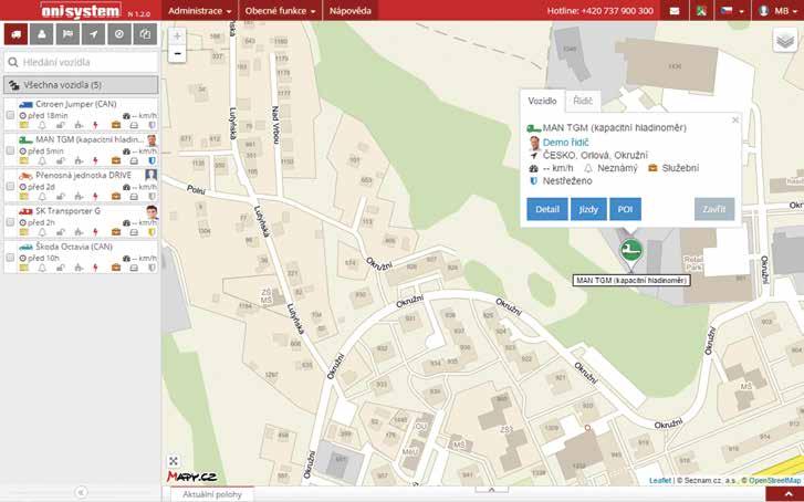 AKTUÁLNÍ POLOHY VOZIDLA Na jedné obrazovce webového portálu ONI system si okamžitě uděláte přehled o vozovém parku.