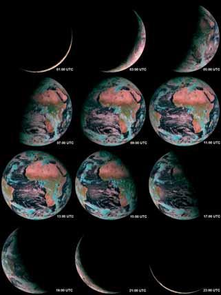 Obr. 13 Ukázka produktu zemského disku RGB129. Fig. 13. Example of the globe product RGB129. Obr. 14 Denní chod osvětlení Země Sluncem dne 1. 12. 2005. Fig. 14. Daily illumination of the Earth on 1.