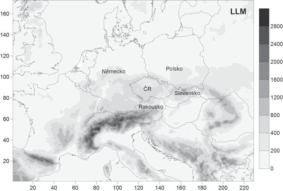 Obr. 1 Modelová oblast LLM se zakreslenou orografií [m]. Fig. 1. LLM domain with the model topography in m.