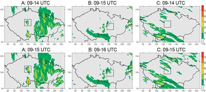 Obr. 4 Akumulované srážky odvozené z radarové odrazivosti pro případy A, B a C. Intervaly akumulace jsou uvedené u každého obrázku.