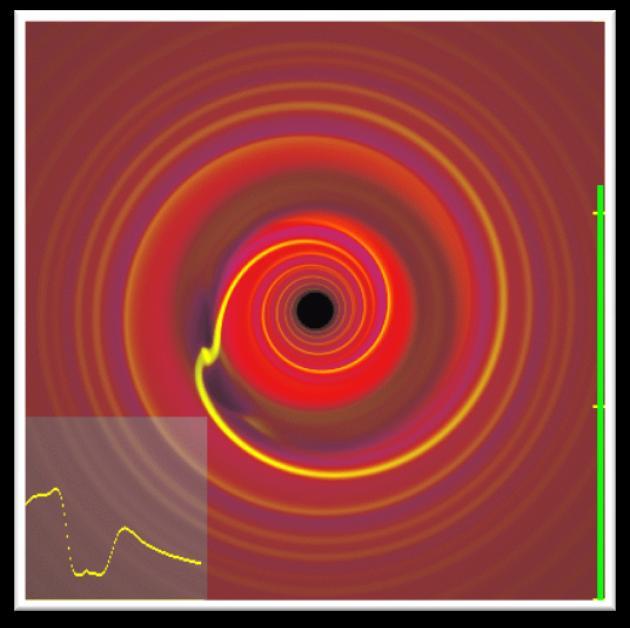 Simulace záchytu plynu obří planetou animace růstu planety uvnitř protoplanetárního disku na počátku simulace má planeta 3x větší