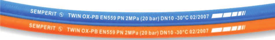 Duše: Kyslík - SBR/HSBR/EPDM; PB - NBR/HSBR, černá, hladká. Obal: NR/HSBR/EPDM, modrý a oranžový, hladký.