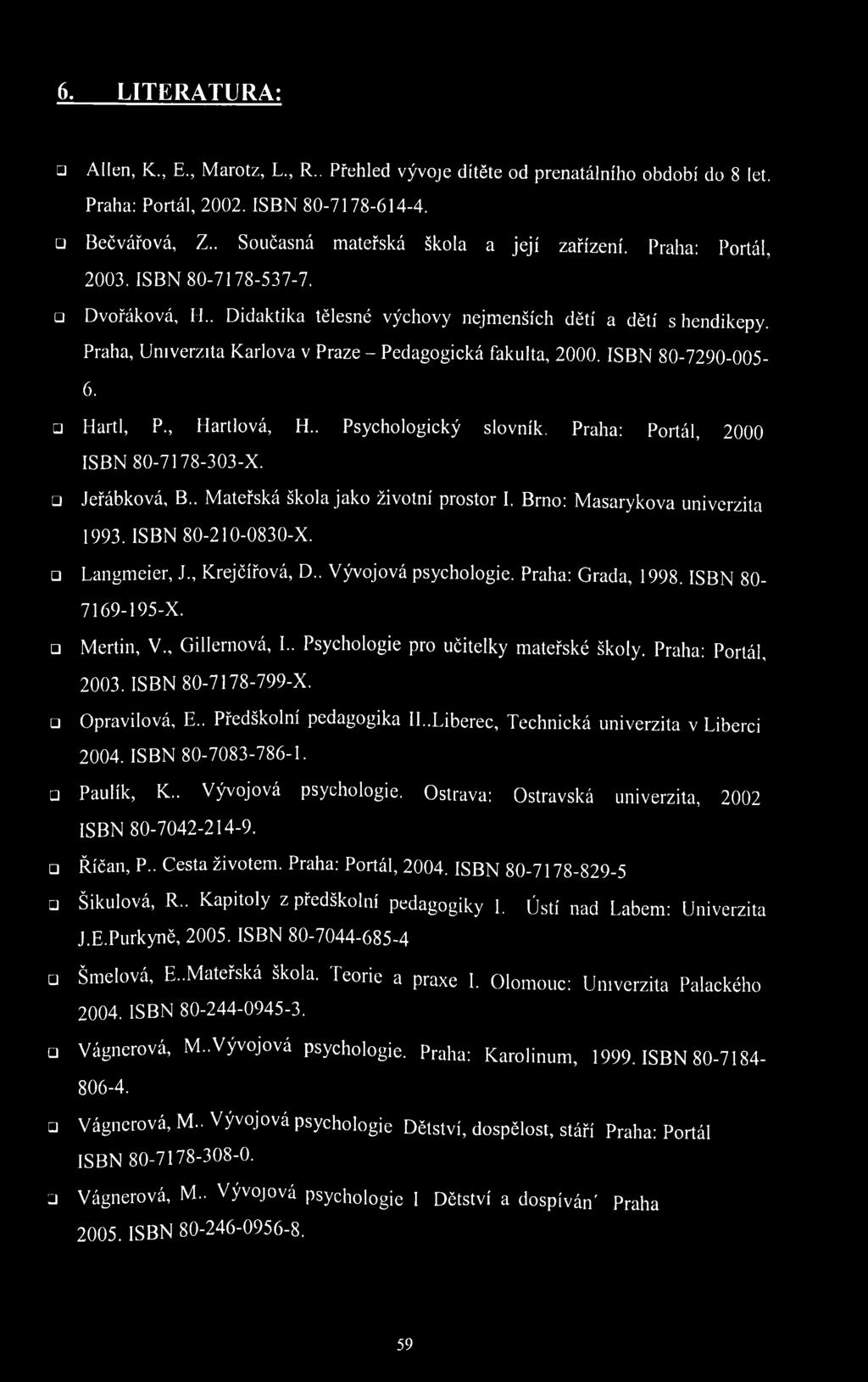 Hartl, P Hartlová, H Psychologický slovník. Praha: Portál, 2000 ISBN 80-7178-303-X. Jeřábková, B.. M ateřská škola jako životní prostor I. Brno: M asarykova univerzita 1993. ISBN 80-210-0830-X.