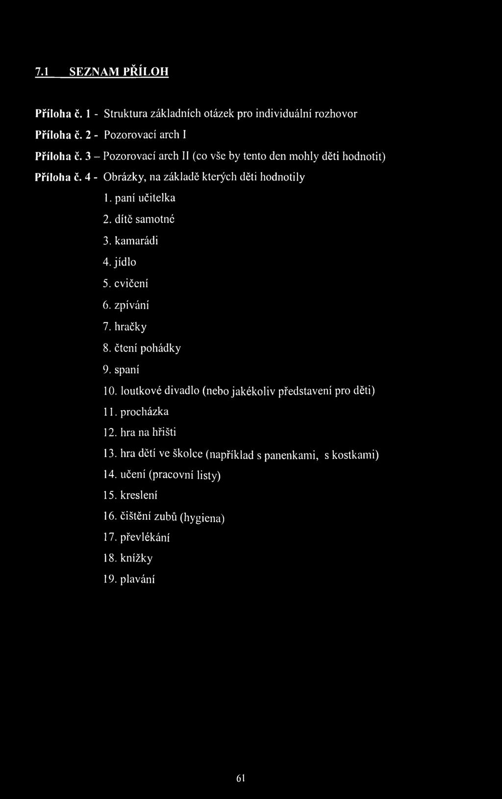 dítě samotné 3. kamarádi 4. jídlo 5. cvičení 6. zpívání 7. hračky 8. čtení pohádky 9. spaní 10. loutkové divadlo (nebo jakékoliv představení pro děti) 11.