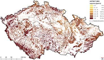 Obr. 5 Prostorové rozložení expozičního indexu AOT40 F, Česká republika 2003. Fig. 5. Exposure index AOT40 F spatial pattern, Czech Republic 2003. Obr.