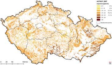 7 Prostorové rozložení expozičního indexu AOT40 F, Česká republika 2007. Fig. 7. Exposure index AOT40 F spatial pattern, Czech Republic 2007. Tab.