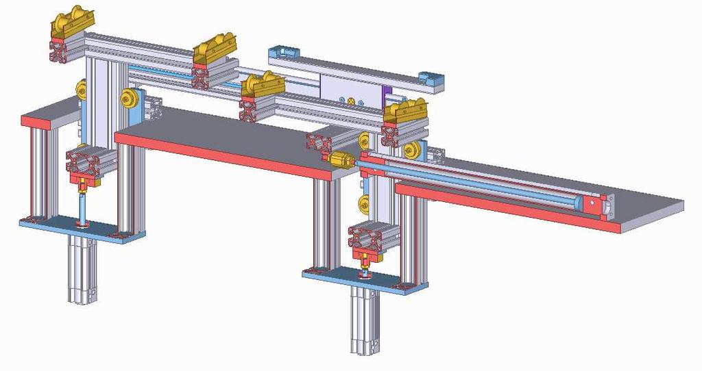 Stejně jako vstupní a výstupní dopravníky je i přesouvač sestaven z profilů Item 8 40x40 E a obsahuje stejné válečkové lišty s nákolkem Alutec.