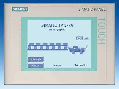 Na tomto panelu je umístěno několik tlačítek, včetně STOP tlačítka a dotyková obrazovka SIMATIC TP 177A od firmy Siemens, tato obrazovka je zobrazena na obrázku č. 51. Obr. č. 51 Dotykový panel SIMATIC TP 177A.