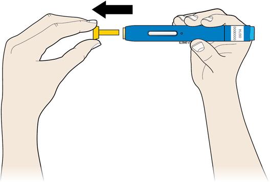 Krok 2: Připravte se E. Když jste připraveni podat si injekci, sundejte rovně žlutý kryt z jehly.