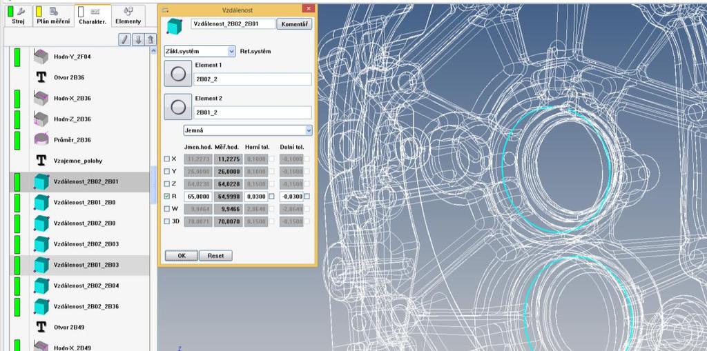 Charakteristika vzdálenosti středů Charakteristikou, kterou určujeme v tomto případě je vzdálenost dvou elementů (Obr. 65), tedy dvou kružnic (2B02_2, 2B01_2).