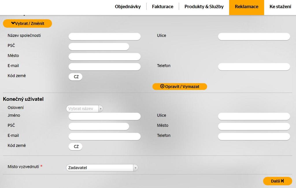 Reklamace Vytvoření reklamace první výbavy (OE) - Úvod.Pomocí tlačítka Vybrat/Změnit lze zvolit adresu zadavatele reklamace. Tuto informaci lze také ručně vepsat do příslušných polí.